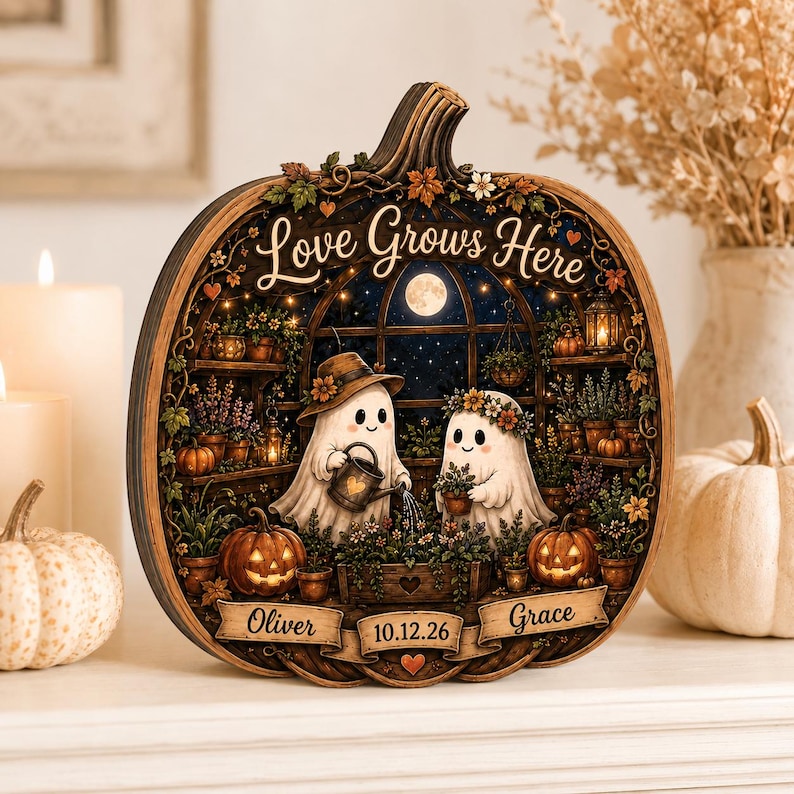 Personalized Pumpkin Wooden Block, Ghost Couple Halloween Shelf Decor, Love Grows Here