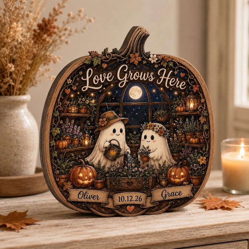 Personalized Pumpkin Wooden Block, Ghost Couple Halloween Shelf Decor, Love Grows Here