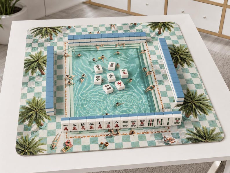Luxury Mahjong Mat With Vibrant Swimming Pool Design, Aesthetic Game Night Table Accessory, Modern Mahjong Play Mat