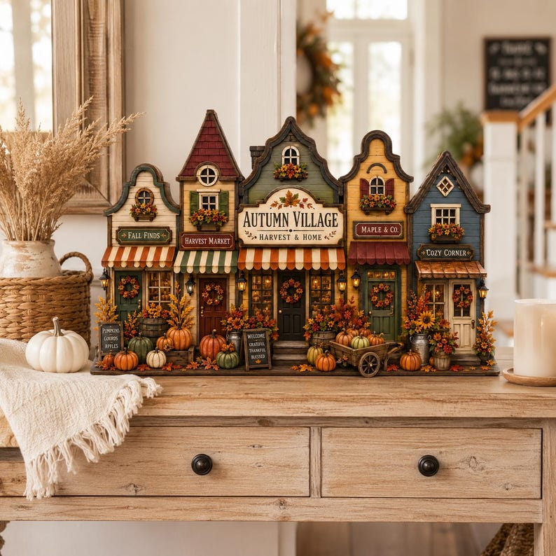 Autumn Village Wooden Block Decor, Fall House Shelf Sitter, Rustic Farmhouse Tiered Tray Decor