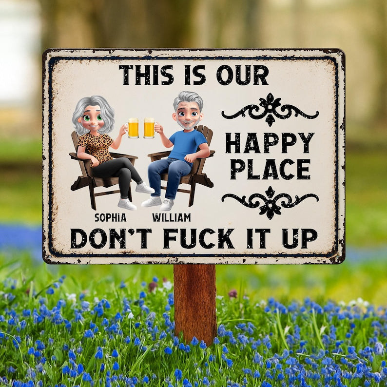 Personalized Couple Metal Sign, Happy Place Patio Decor, Anniversary Gift, Outdoor Wall Art