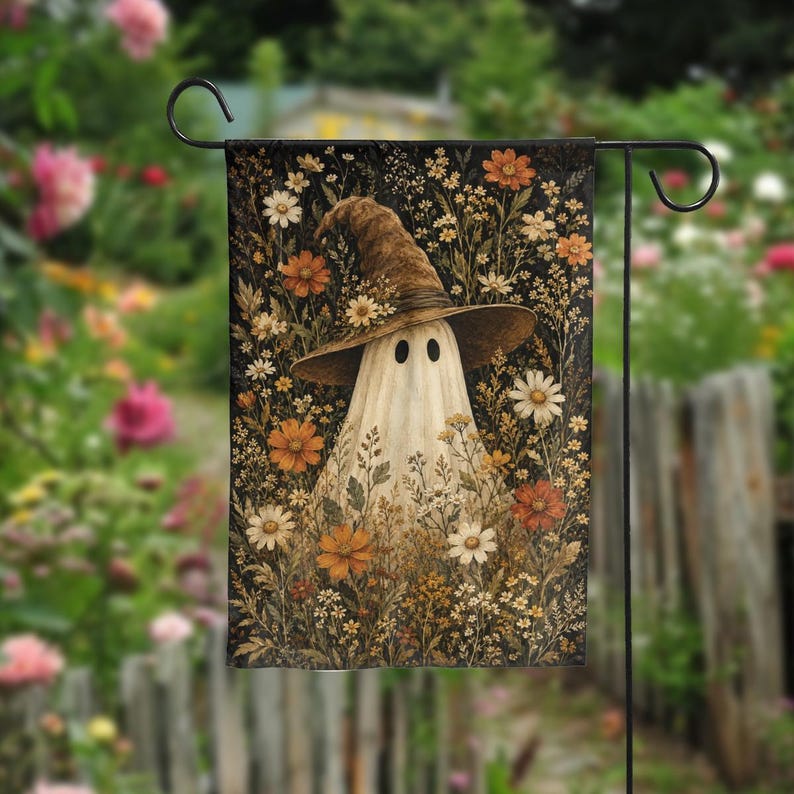 Floral Ghost Witch Halloween Garden Flag, Cottagecore Spooky Autumn Yard Decor