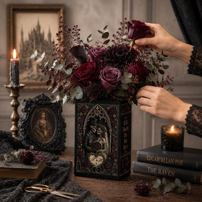 Til Death Do Us Part Skeleton Couple Ceramic Book Vase, Skeleton Lovers