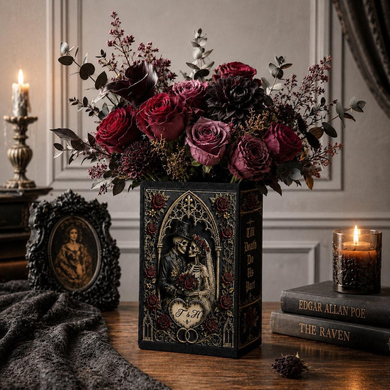 Til Death Do Us Part Skeleton Couple Ceramic Book Vase, Skeleton Lovers