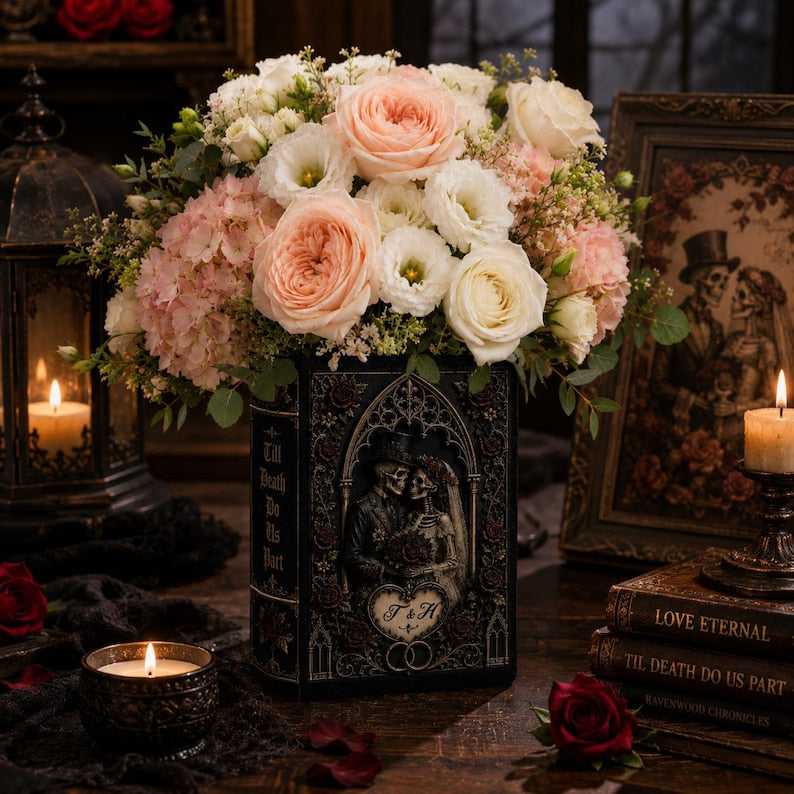 Til Death Do Us Part Skeleton Couple Ceramic Book Vase, Skeleton Lovers