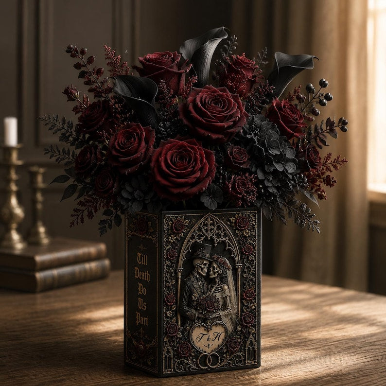 Til Death Do Us Part Skeleton Couple Ceramic Book Vase, Skeleton Lovers