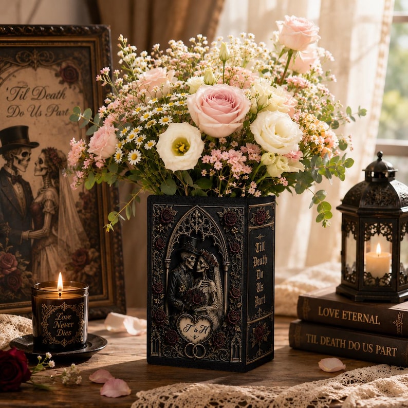 Til Death Do Us Part Skeleton Couple Ceramic Book Vase, Skeleton Lovers