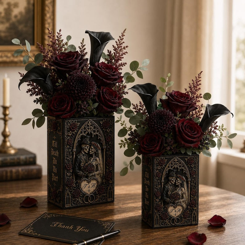 Til Death Do Us Part Skeleton Couple Ceramic Book Vase, Skeleton Lovers