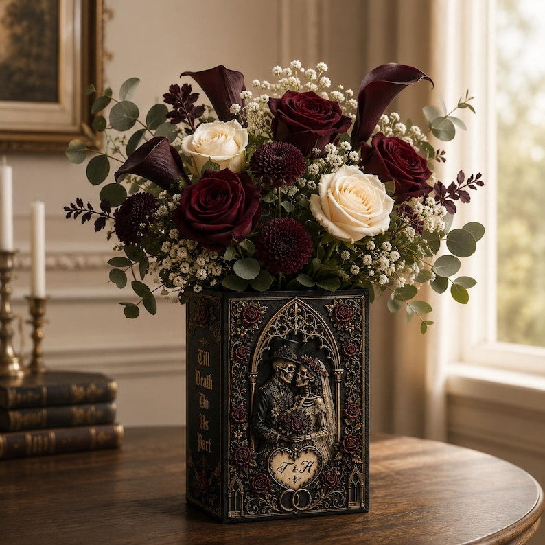 Til Death Do Us Part Skeleton Couple Ceramic Book Vase, Skeleton Lovers