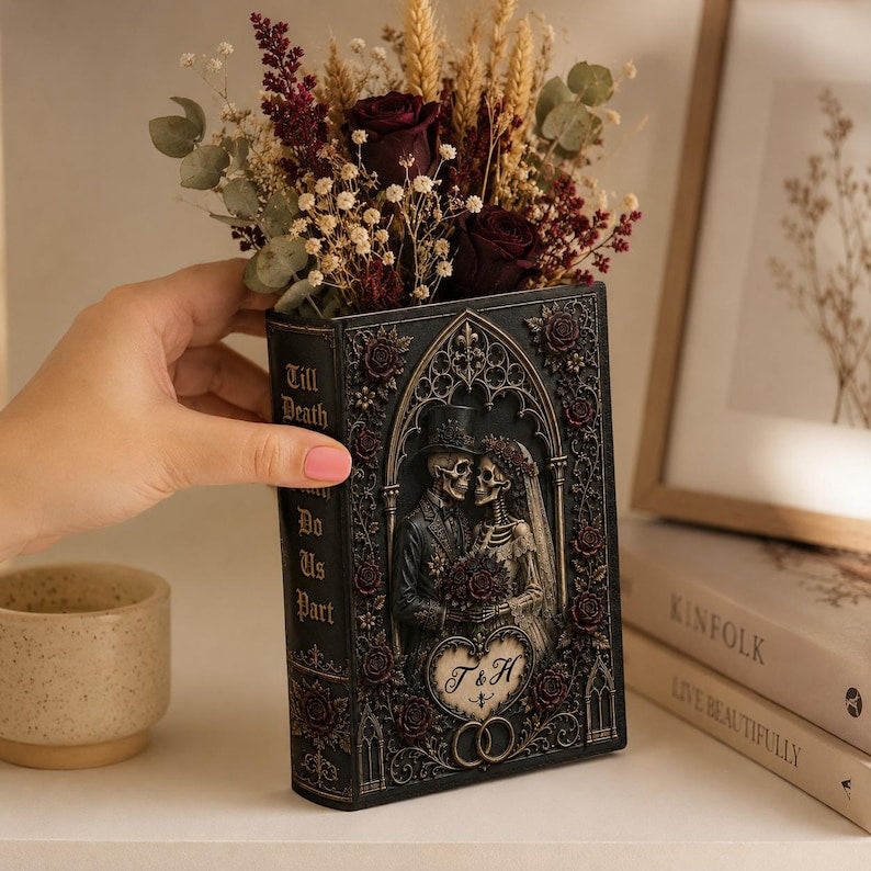 Til Death Do Us Part Skeleton Couple Ceramic Book Vase, Skeleton Lovers