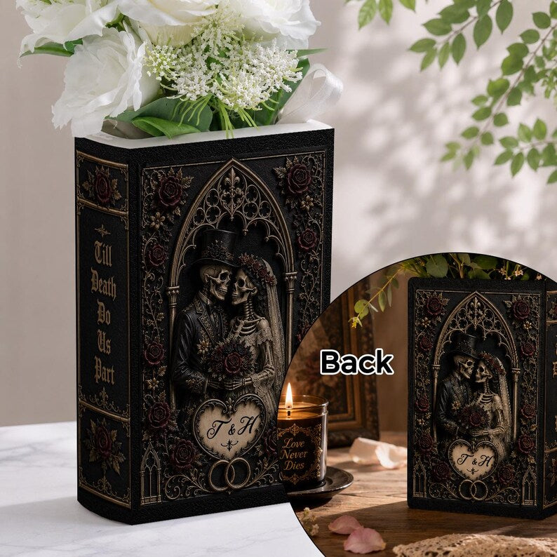 Til Death Do Us Part Skeleton Couple Ceramic Book Vase, Skeleton Lovers