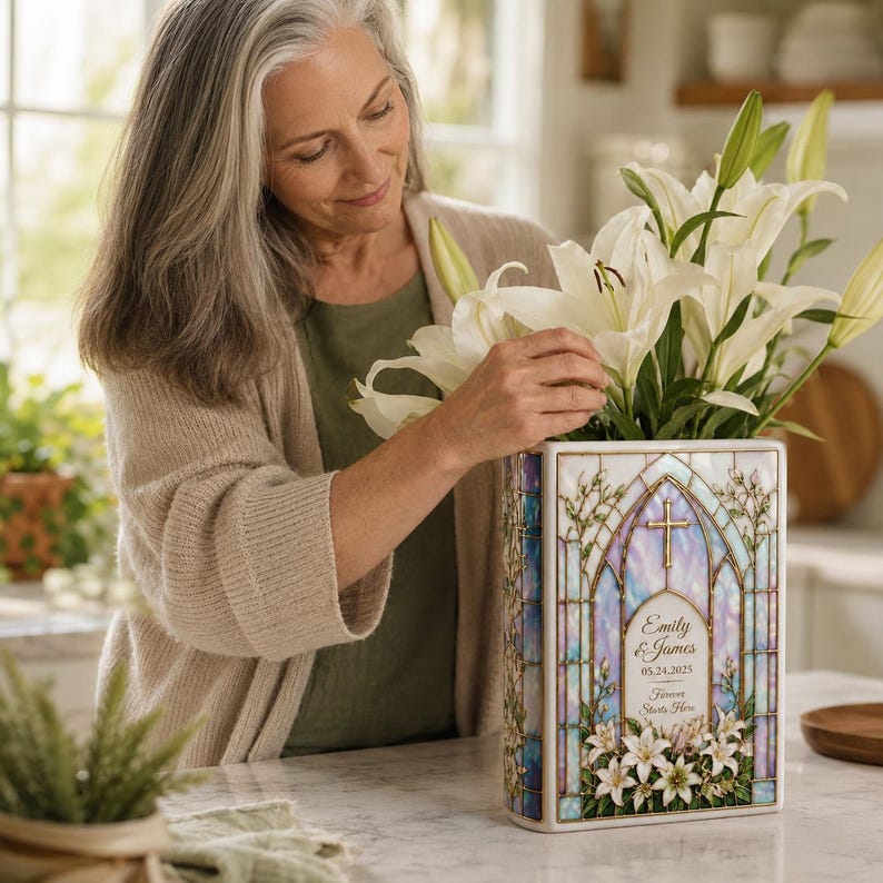 Custom Stained Glass Style Ceramic Book Vase, Custom Wedding Gift for Couple