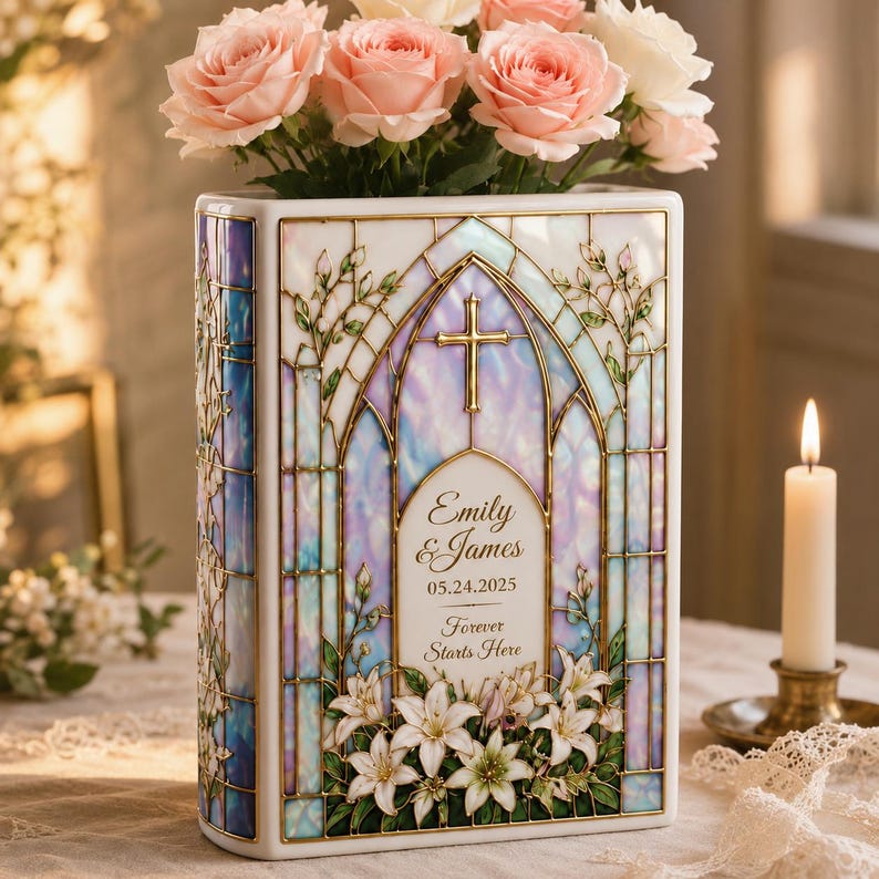 Custom Stained Glass Style Ceramic Book Vase, Custom Wedding Gift for Couple