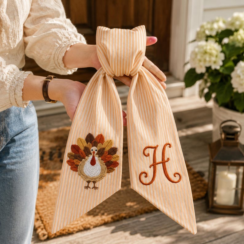 Thanksgiving Wreath Sash, Personalized Pumpkin Monogram Door Sash, Seersucker Embroidered Fall Wreath Bow