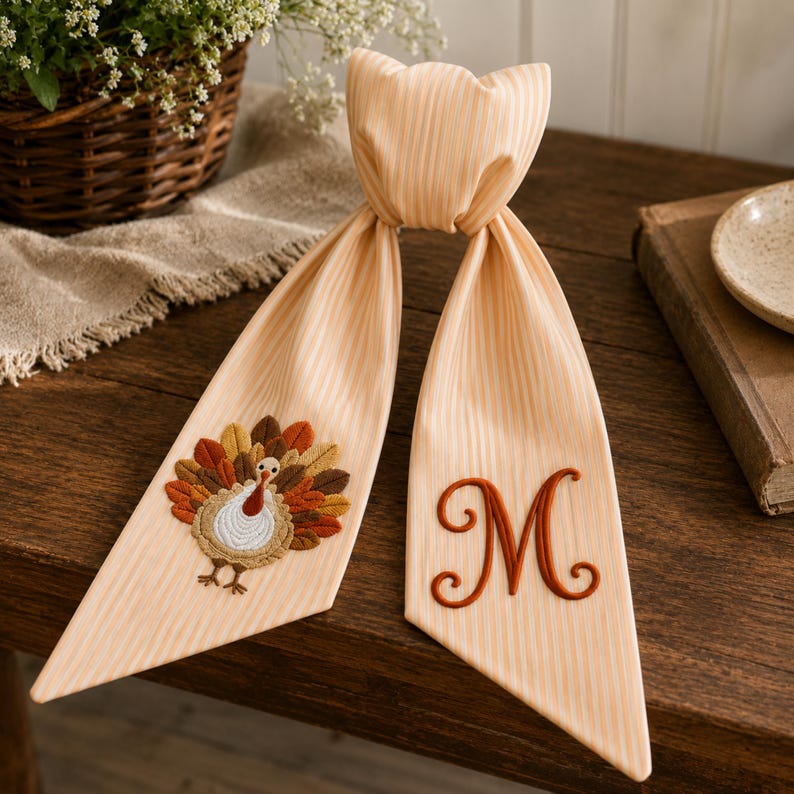 Thanksgiving Wreath Sash, Personalized Pumpkin Monogram Door Sash, Seersucker Embroidered Fall Wreath Bow