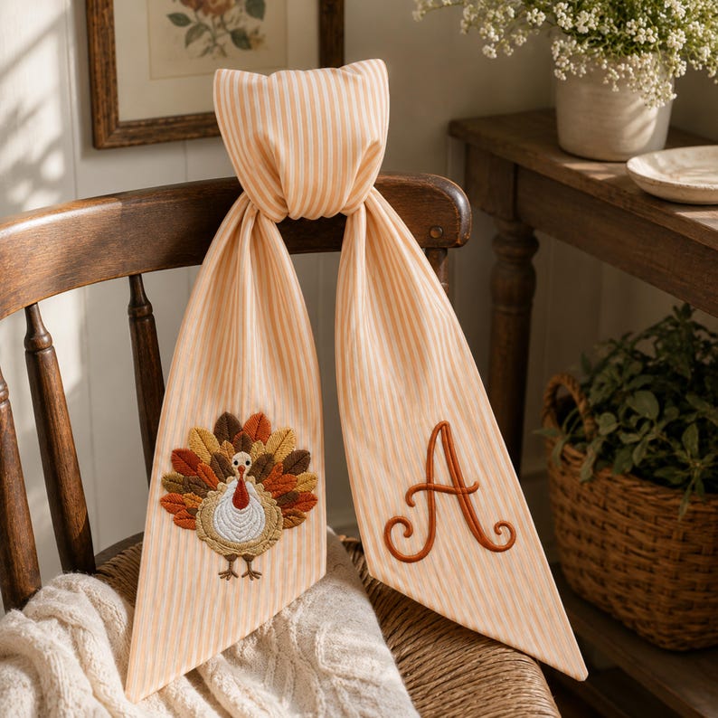 Thanksgiving Wreath Sash, Personalized Pumpkin Monogram Door Sash, Seersucker Embroidered Fall Wreath Bow