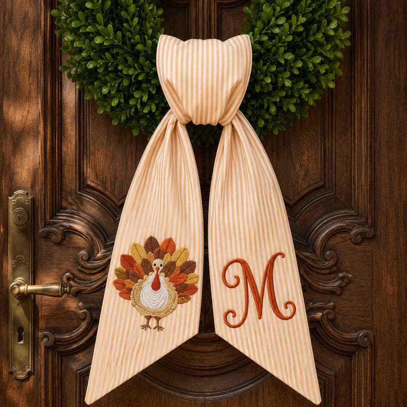 Thanksgiving Wreath Sash, Personalized Pumpkin Monogram Door Sash, Seersucker Embroidered Fall Wreath Bow