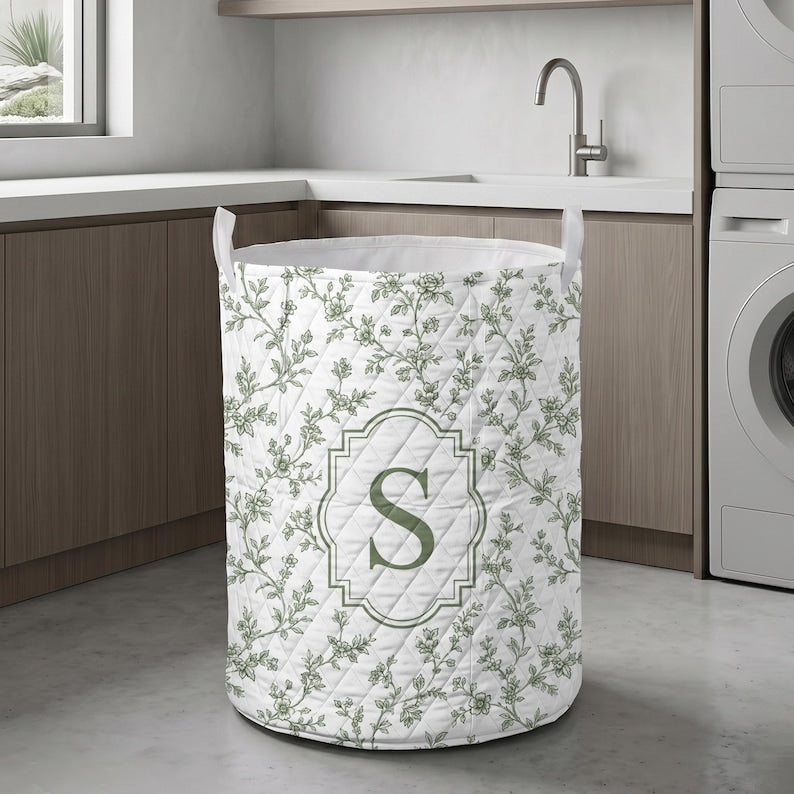 Personalized Quilt Laundry Basket, Monogram Floral Storage Bin, Toile Fabric Organizer