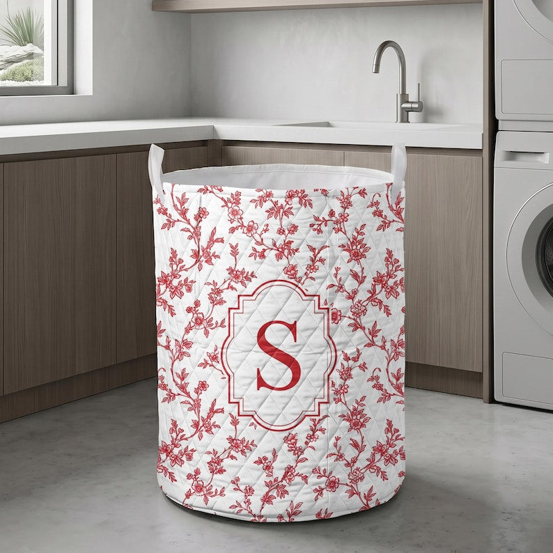 Personalized Quilt Laundry Basket, Monogram Floral Storage Bin, Toile Fabric Organizer