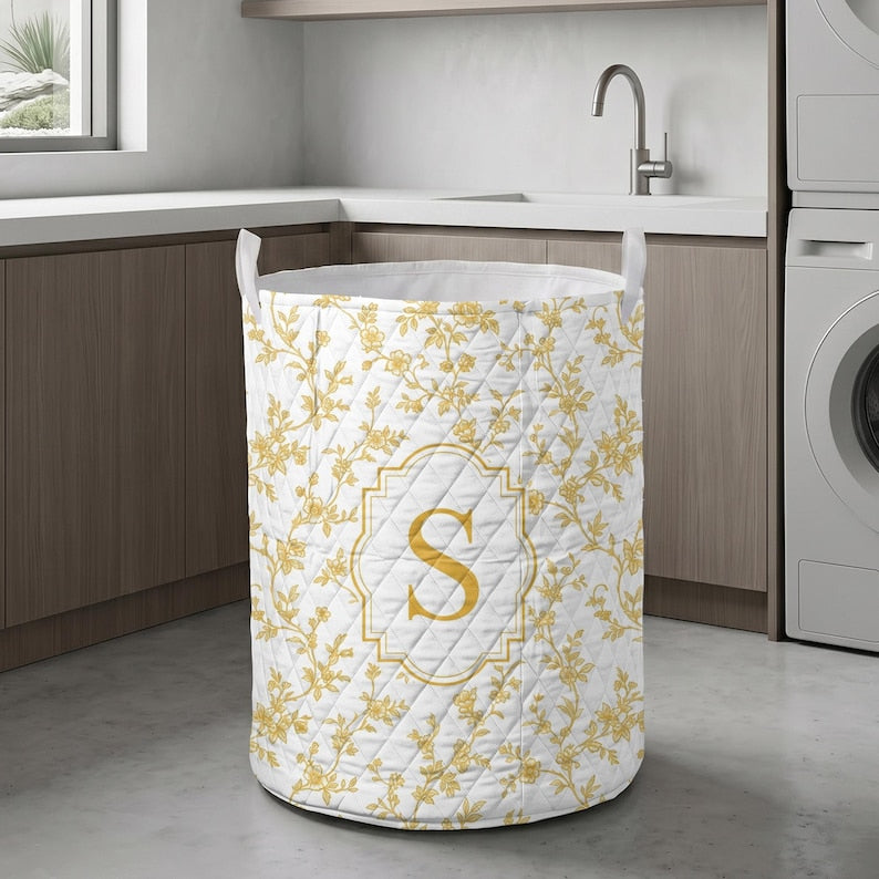 Personalized Quilt Laundry Basket, Monogram Floral Storage Bin, Toile Fabric Organizer