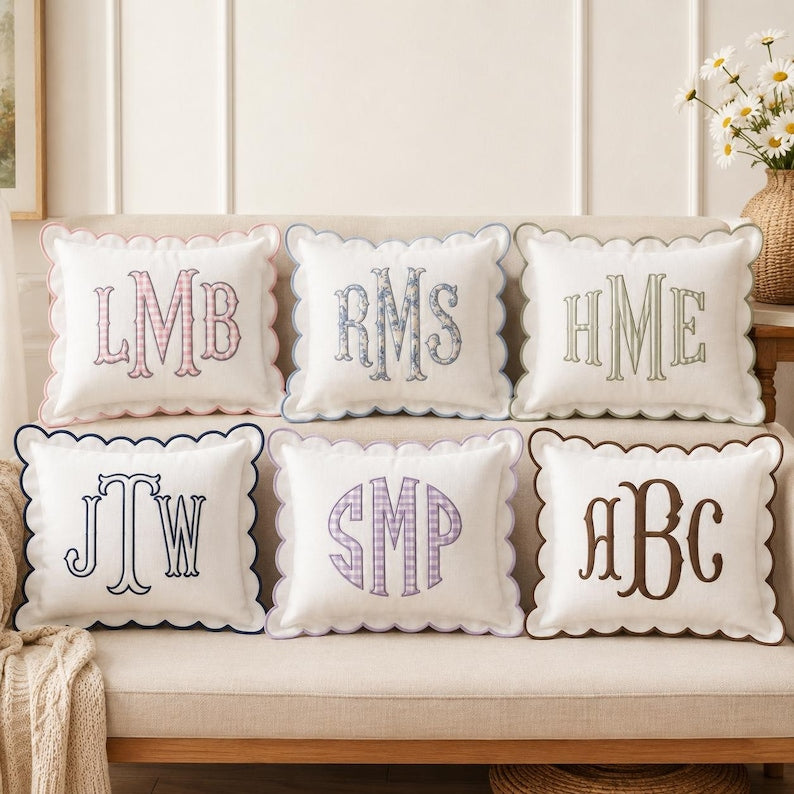 Personalized Monogram Pillow Cover, Custom Embroidered Initial Pillow, Scalloped Trim Pillowcase, Baby Room Decor