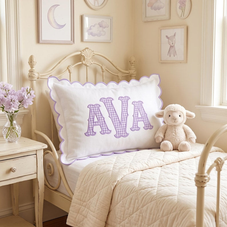 Personalized Monogram Pillow Cover, Custom Embroidered Initial Pillow, Scalloped Trim Pillowcase, Baby Room Decor