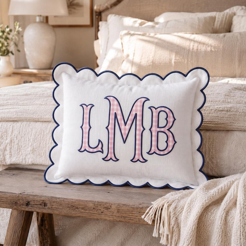 Personalized Monogram Pillow Cover, Custom Embroidered Initial Pillow, Scalloped Trim Pillowcase, Baby Room Decor