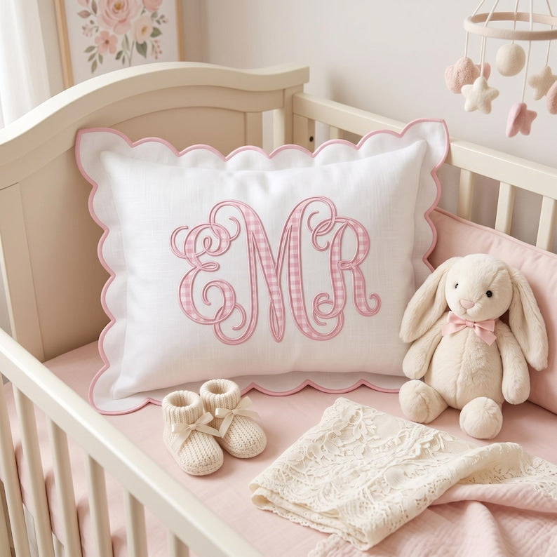 Personalized Monogram Pillow Cover, Custom Embroidered Initial Pillow, Scalloped Trim Pillowcase, Baby Room Decor