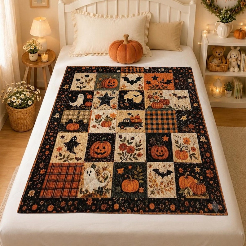 Halloween Quilt Blanket, Pumpkin Ghost Patchwork Throw, Fall Farmhouse Decor