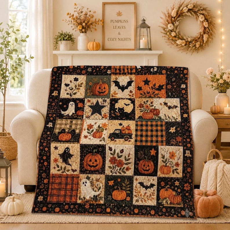 Halloween Quilt Blanket, Pumpkin Ghost Patchwork Throw, Fall Farmhouse Decor