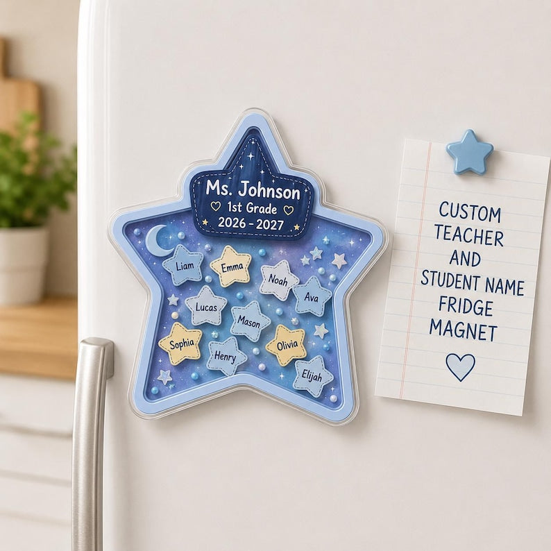 Personalized Star Teacher Fridge Magnet, Custom Student Name Shaker Magnet, Galaxy Classroom Gift