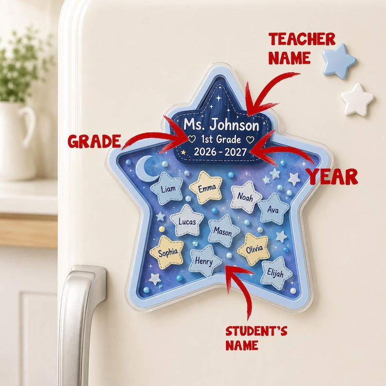 Personalized Star Teacher Fridge Magnet, Custom Student Name Shaker Magnet, Galaxy Classroom Gift