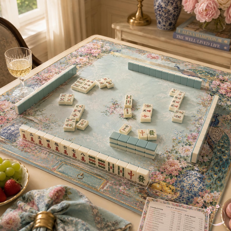 Peony Peacock Garden Mahjong Mat, American Mahjong Mat, Chinoiserie Floral Blue Vase, Grandmillennial Botanical Mahjong