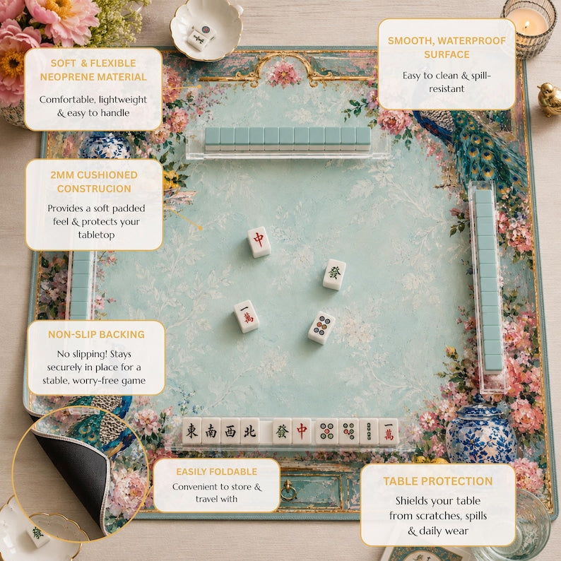 Peony Peacock Garden Mahjong Mat, American Mahjong Mat, Chinoiserie Floral Blue Vase, Grandmillennial Botanical Mahjong
