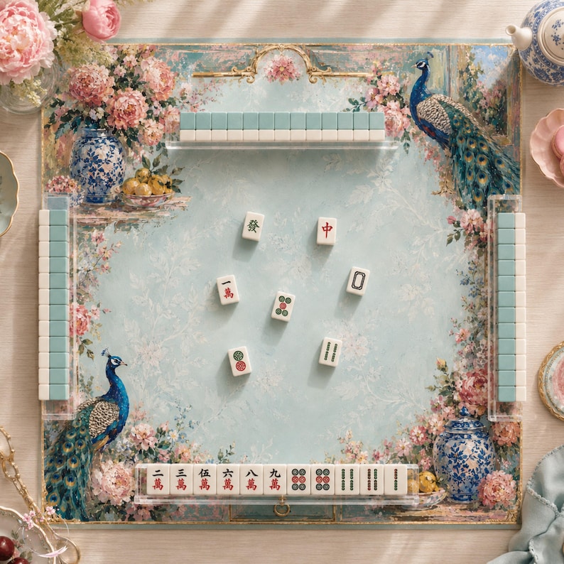 Peony Peacock Garden Mahjong Mat, American Mahjong Mat, Chinoiserie Floral Blue Vase, Grandmillennial Botanical Mahjong