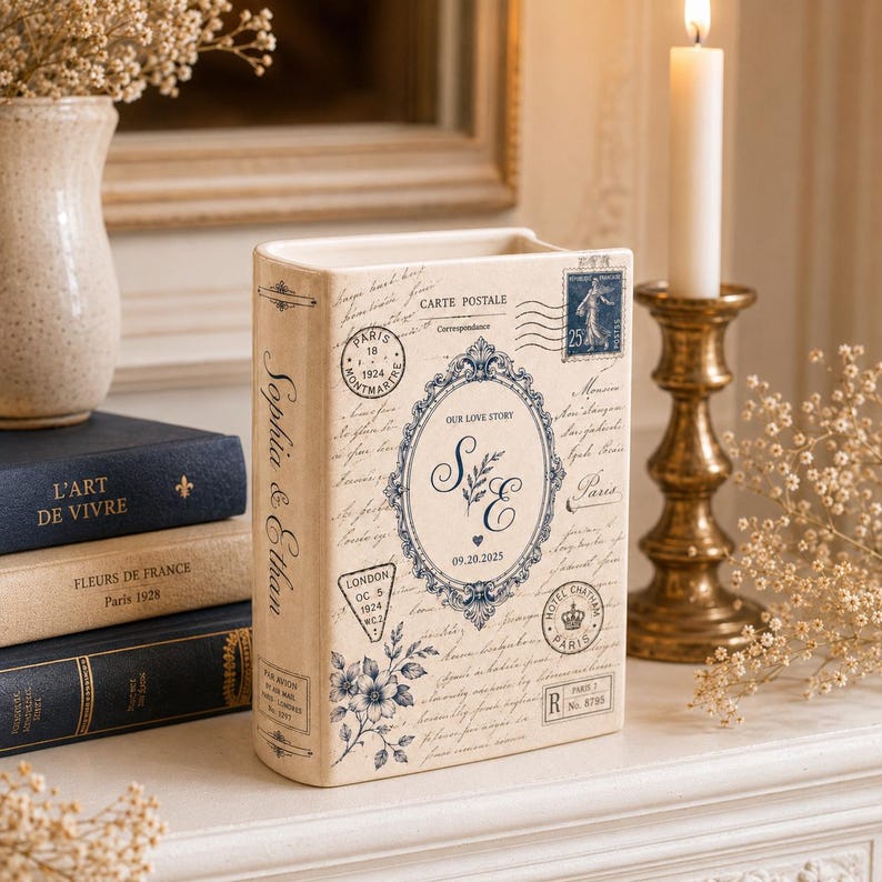 Custom Toile De Jouy Ceramic Book Vase, Personalised Wedding Gift for Couple