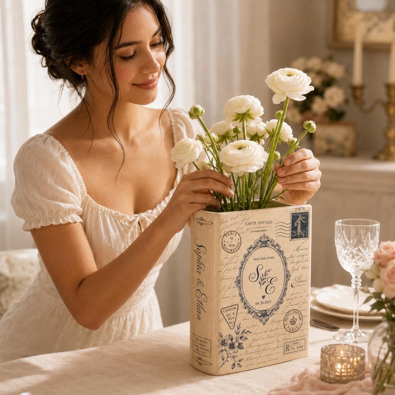 Custom Toile De Jouy Ceramic Book Vase, Personalised Wedding Gift for Couple