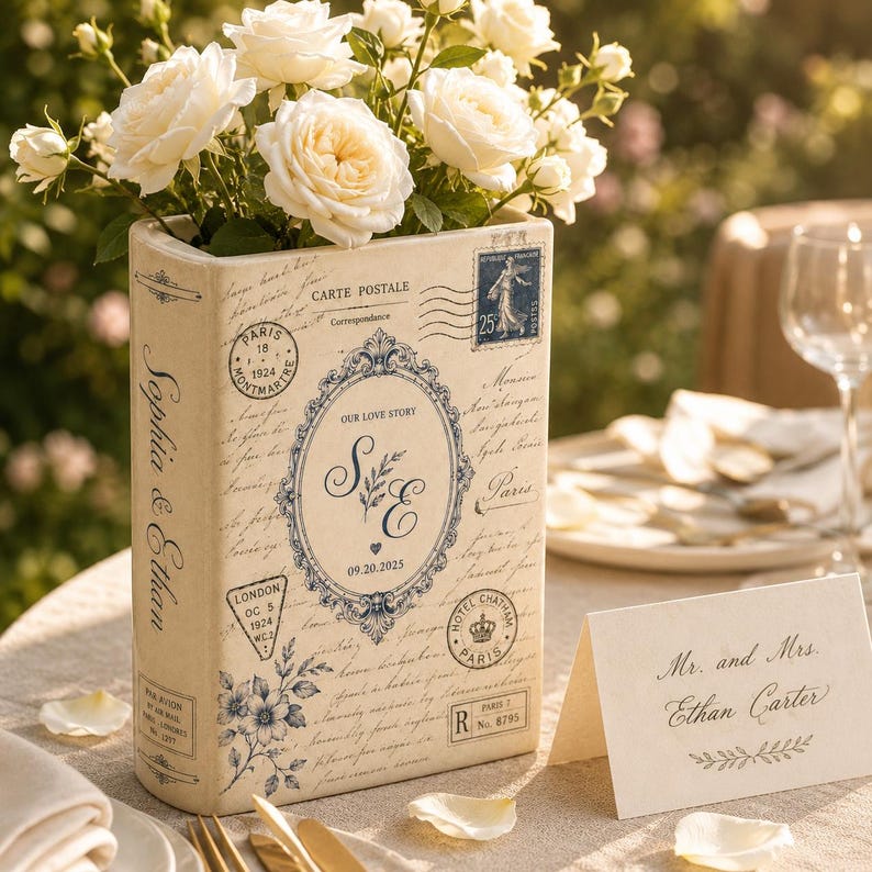 Custom Toile De Jouy Ceramic Book Vase, Personalised Wedding Gift for Couple