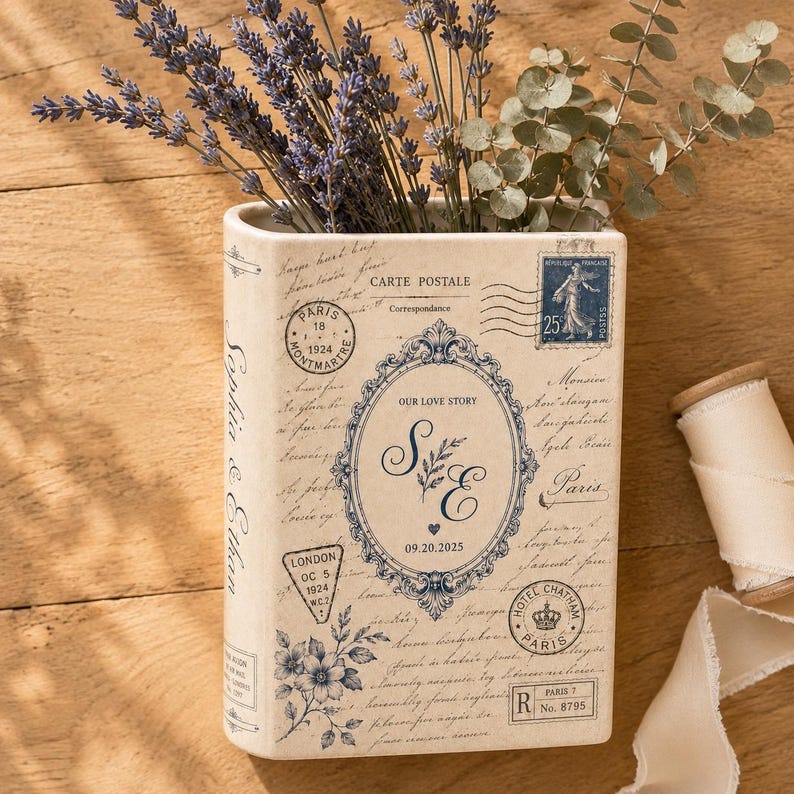 Custom Toile De Jouy Ceramic Book Vase, Personalised Wedding Gift for Couple