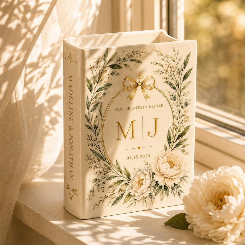 Custom Toile De Jouy Ceramic Book Vase, Personalised Wedding Gift for Couple, Floral Book Shaped Vase