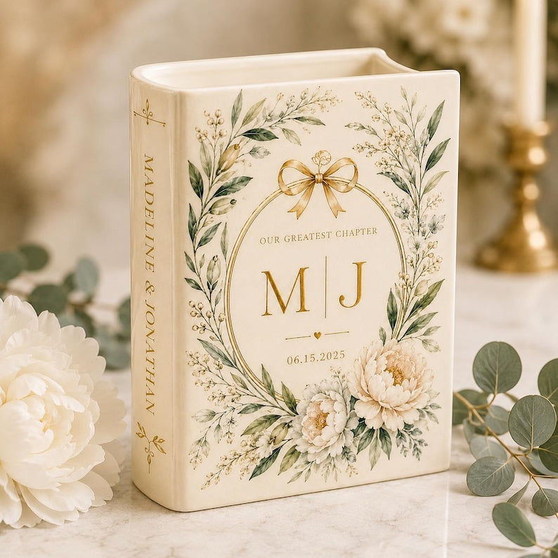 Custom Toile De Jouy Ceramic Book Vase, Personalised Wedding Gift for Couple, Floral Book Shaped Vase