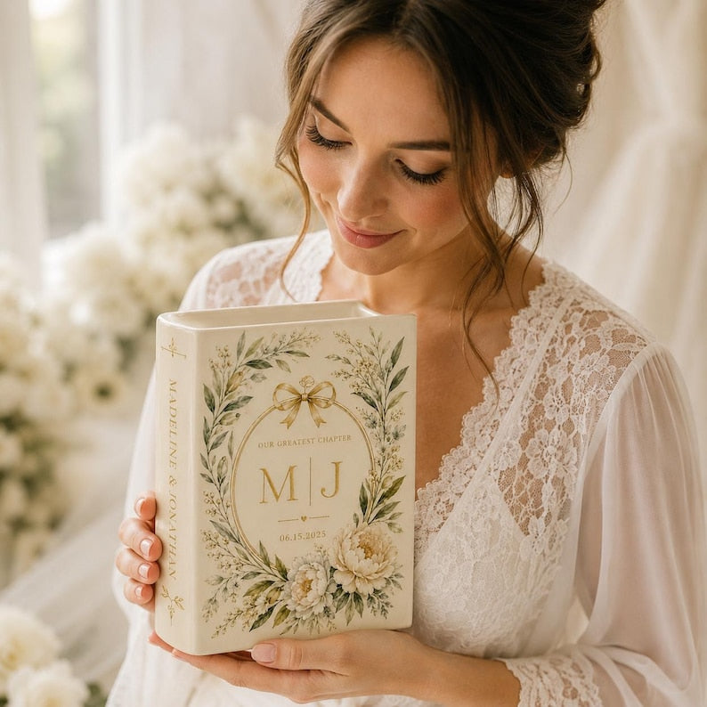 Custom Toile De Jouy Ceramic Book Vase, Personalised Wedding Gift for Couple, Floral Book Shaped Vase