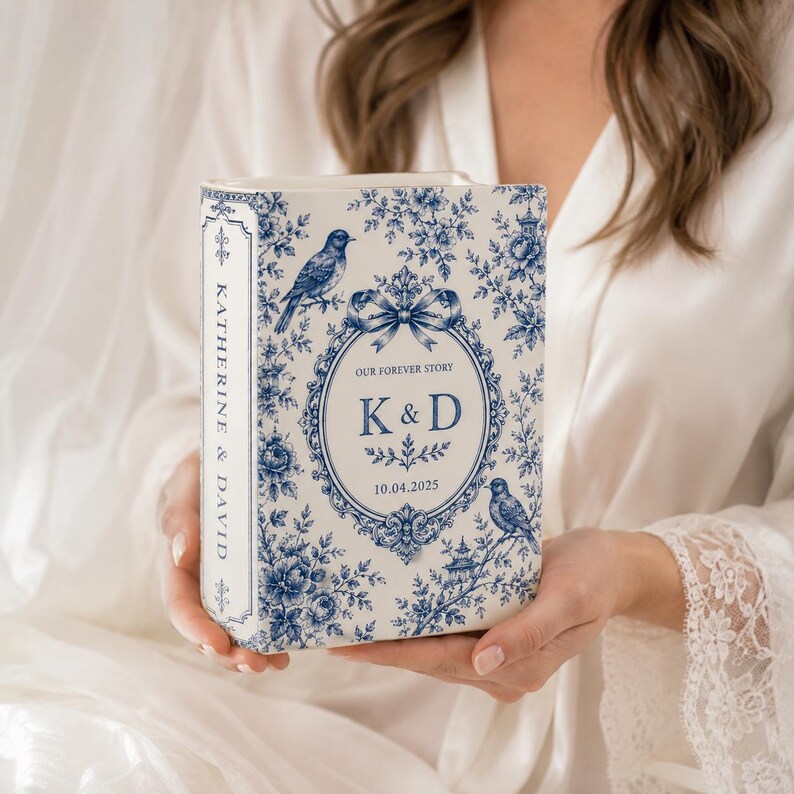 Custom Toile De Jouy Ceramic Book Vase, Personalised Wedding Gift for Couple, Floral Book Shaped Vase
