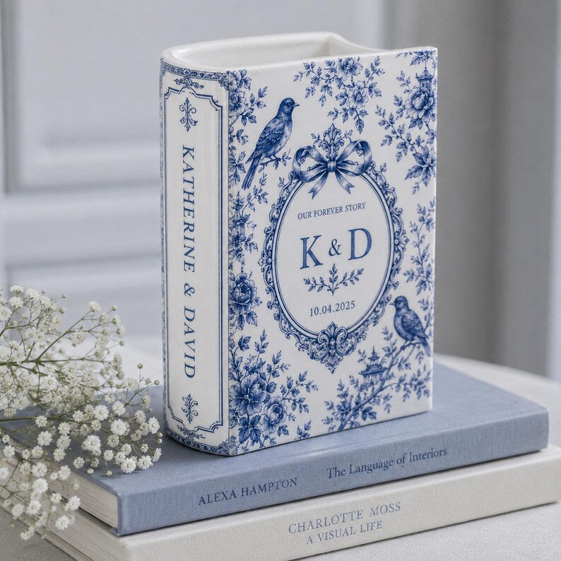 Custom Toile De Jouy Ceramic Book Vase, Personalised Wedding Gift for Couple, Floral Book Shaped Vase