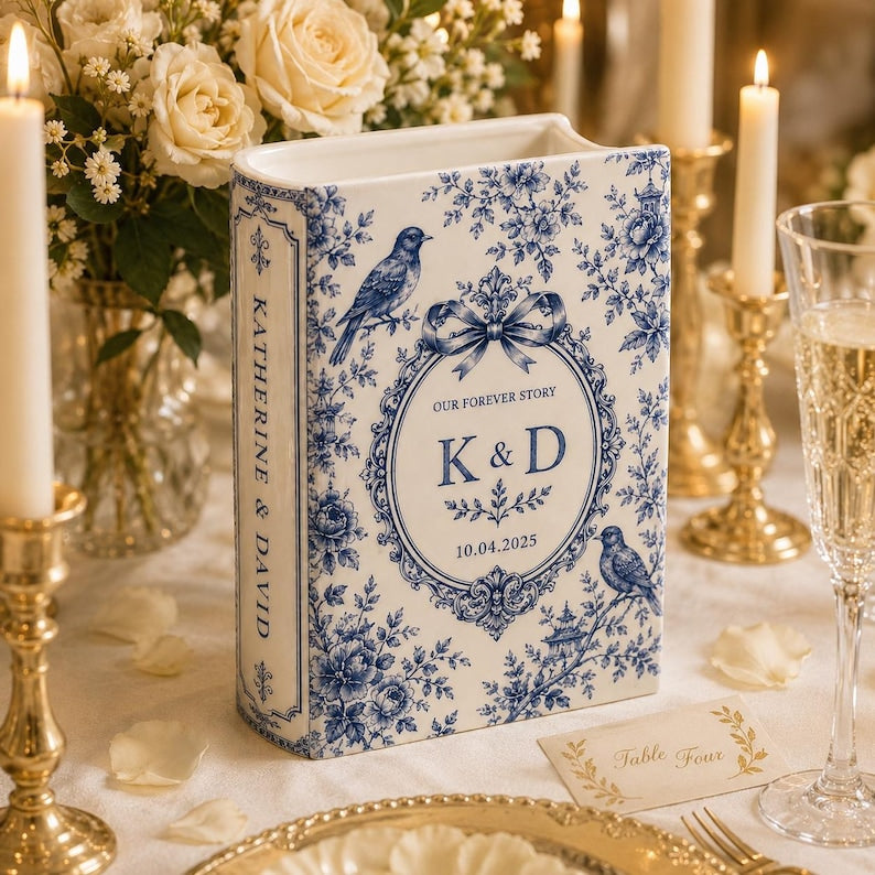 Custom Toile De Jouy Ceramic Book Vase, Personalised Wedding Gift for Couple, Floral Book Shaped Vase
