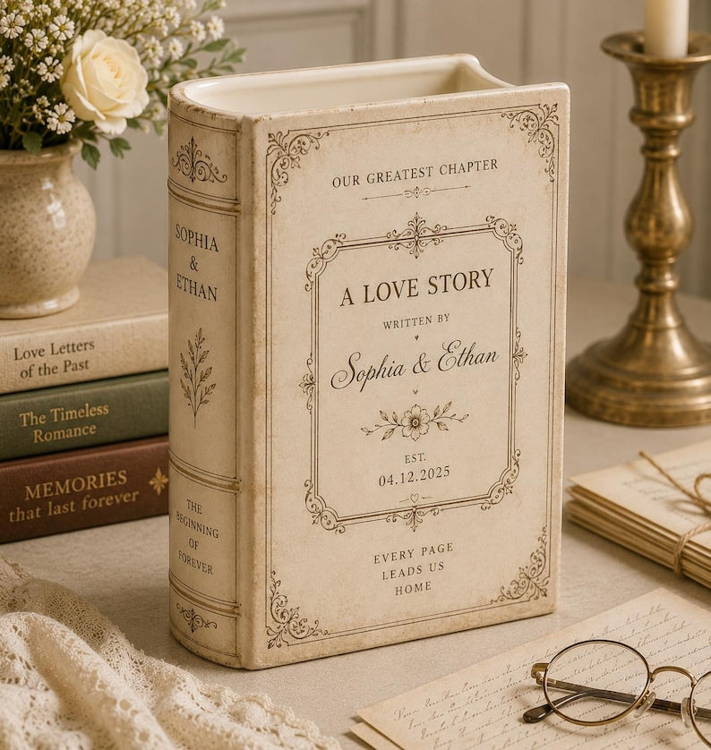 Custom Toile De Jouy Ceramic Book Vase, Personalised Wedding Gift for Couple