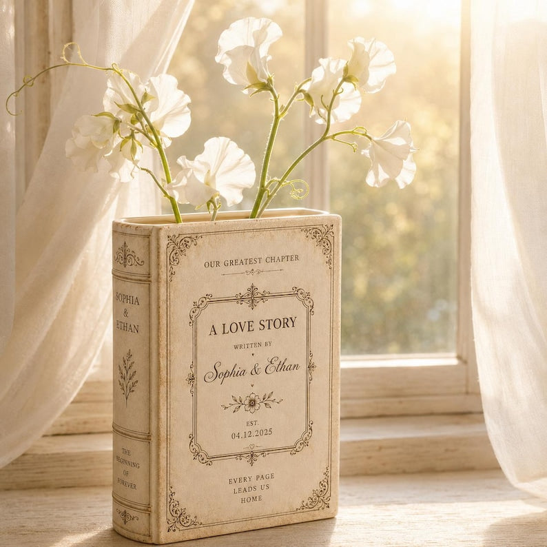 Custom Toile De Jouy Ceramic Book Vase, Personalised Wedding Gift for Couple