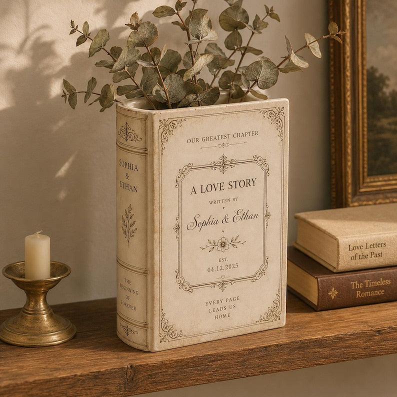 Custom Toile De Jouy Ceramic Book Vase, Personalised Wedding Gift for Couple