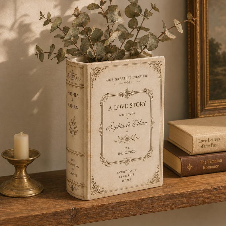 Custom Toile De Jouy Ceramic Book Vase, Personalised Wedding Gift for Couple, Floral Book Shaped Vase