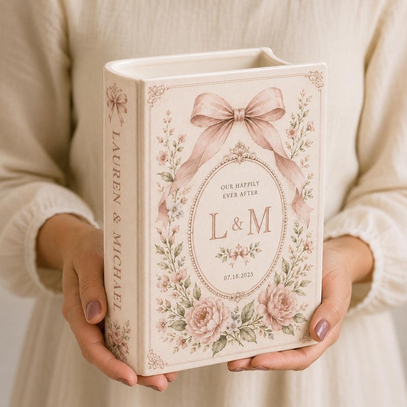 Custom Toile De Jouy Ceramic Book Vase, Personalised Wedding Gift for Couple, Floral Book Shaped Vase
